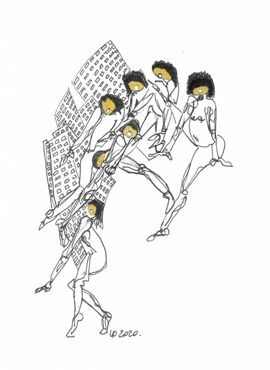 Dessin intitulée "Danse dans la ville" par Corinne Bandeira De Mello, Œuvre d'art originale, Encre