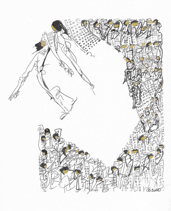 Dessin intitulée "Danse dans la ville…" par Corinne Bandeira De Mello, Œuvre d'art originale, Encre