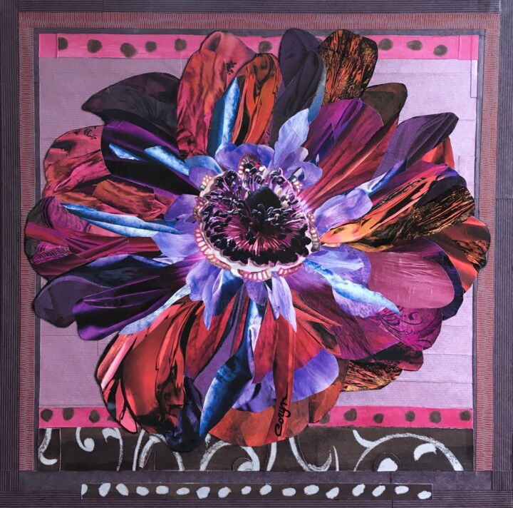 Collages getiteld "Fleur d'artifice" door Corinne Barnett, Origineel Kunstwerk, Collages Gemonteerd op Frame voor houten bra…