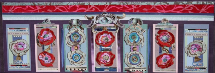 Collages intitulée "Totems et médaillon…" par Corinne Barnett, Œuvre d'art originale, Collages Monté sur Châssis en bois