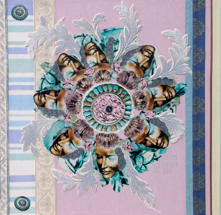 Collages intitulée "Rosace visages" par Corinne Barnett, Œuvre d'art originale, Collages Monté sur Châssis en bois