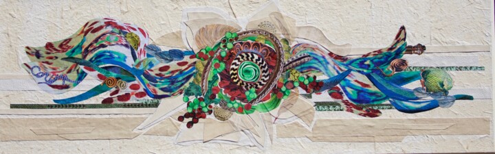 Collages intitolato "Happy hippy floating" da Corinne Barnett, Opera d'arte originale, Collages Montato su Telaio per barell…