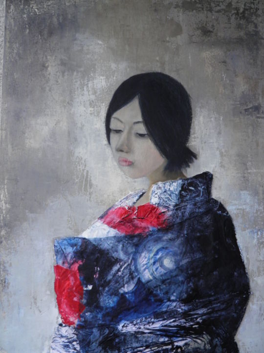 Painting titled "un air japonisant" by Corinne Caucig, Original Artwork, Oil