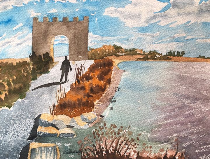Painting titled "porte de Maguelone" by Corinne Cauquil, Original Artwork, Watercolor