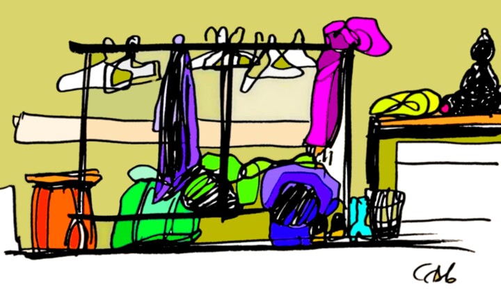 Drawing titled "Qi-Gong Cloakroom a…" by Corinne Courlet, Original Artwork, 2D Digital Work