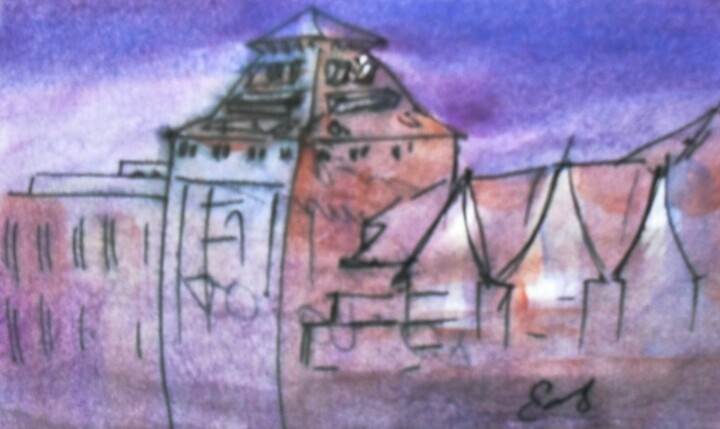 「Old Factory on the…」というタイトルの描画 Corinne Courletによって, オリジナルのアートワーク, 水彩画