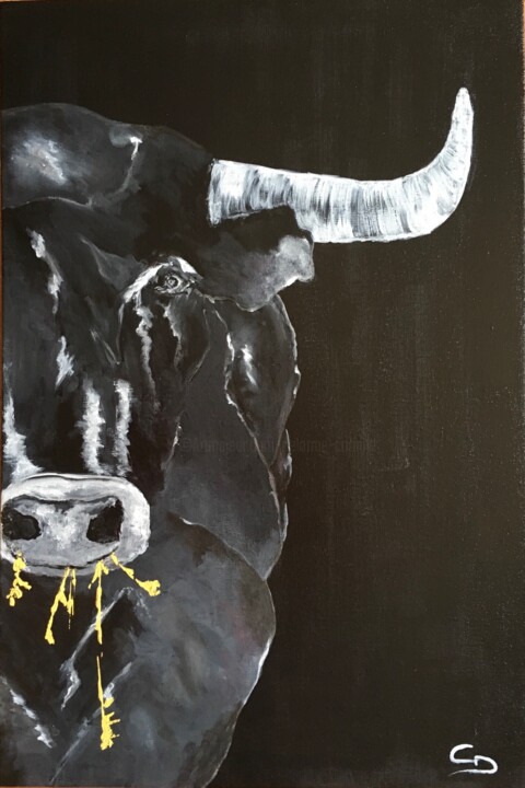 Malarstwo zatytułowany „Taureau en noir et…” autorstwa Corinne Delorme (Lagrandeco), Oryginalna praca, Akryl