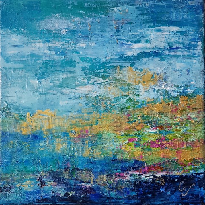 Painting titled "Horizon 20-20 N°17" by Corinne Foucouin, Original Artwork, Oil Mounted on Wood Stretcher frame