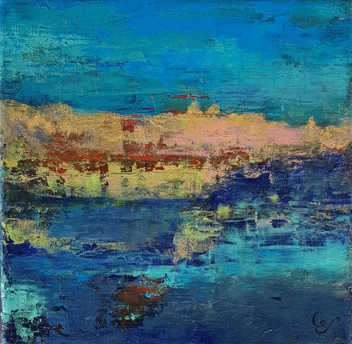 Painting titled "Horizon N°52 l'isle…" by Corinne Foucouin, Original Artwork, Oil Mounted on Wood Stretcher frame