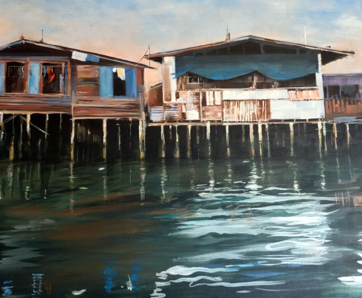 Peinture intitulée "FIL DE L'EAU" par Corinne Hentschel, Œuvre d'art originale, Acrylique