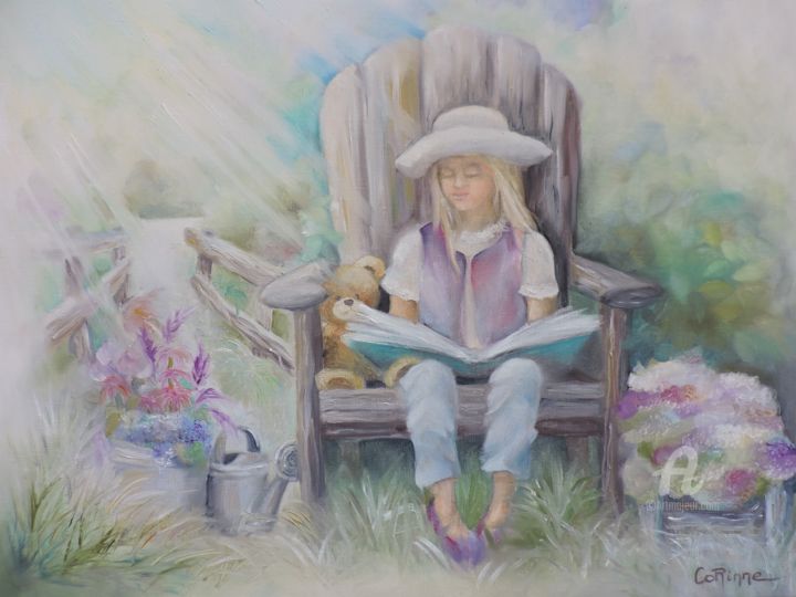 Peinture intitulée "lecture-au-jardin.j…" par Corinne Riviere, Œuvre d'art originale, Huile