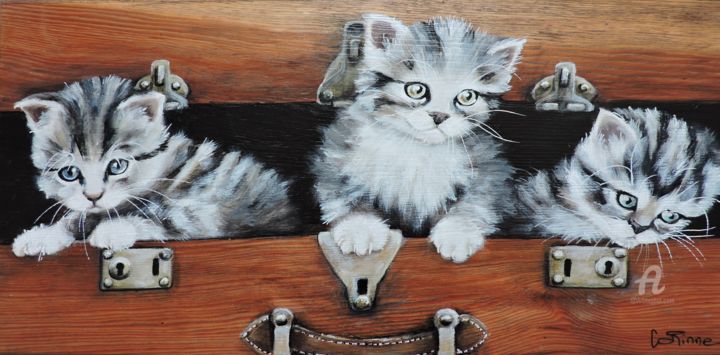 Painting titled "3 p'tits chats" by Corinne Riviere, Original Artwork, Acrylic