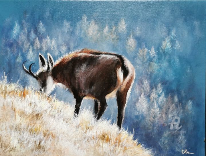 Painting titled "Chamois dans les Ha…" by Corinne Riviere, Original Artwork, Acrylic