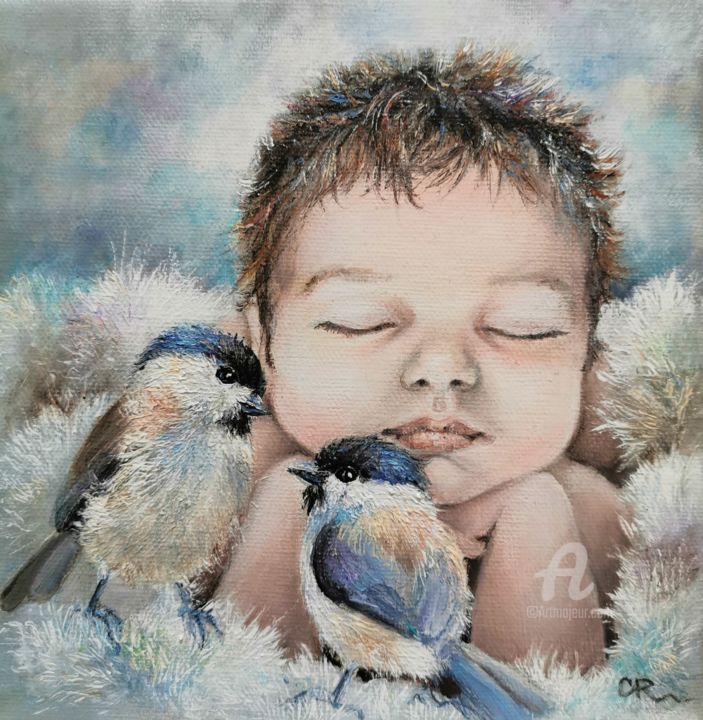 Peinture intitulée "Bébé et les mésanges" par Corinne Riviere, Œuvre d'art originale, Acrylique