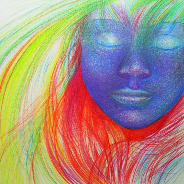 Dessin intitulée "Visage bleu" par Corinne'S Artcolorsimages, Œuvre d'art originale, Crayon