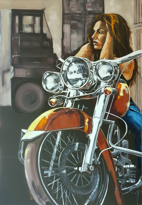 Painting titled ""On the road again"" by Corinne Saboureux, Original Artwork, Oil Mounted on Wood Stretcher frame