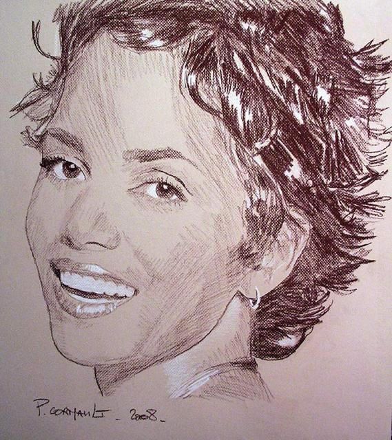 Drawing titled "Halle berry sépia" by Philippe Cormault, Original Artwork, Pencil