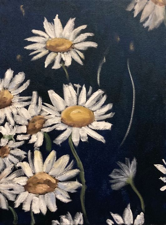 Painting titled "Daisies at night" by Cornelie Wolff, Original Artwork, Oil