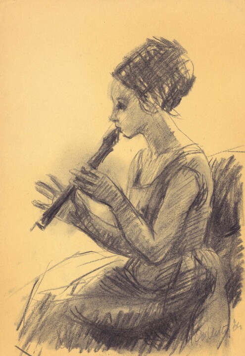 Drawing titled "Girl with flute" by Cornelis Heilig (Cornelus), Original Artwork, Chalk
