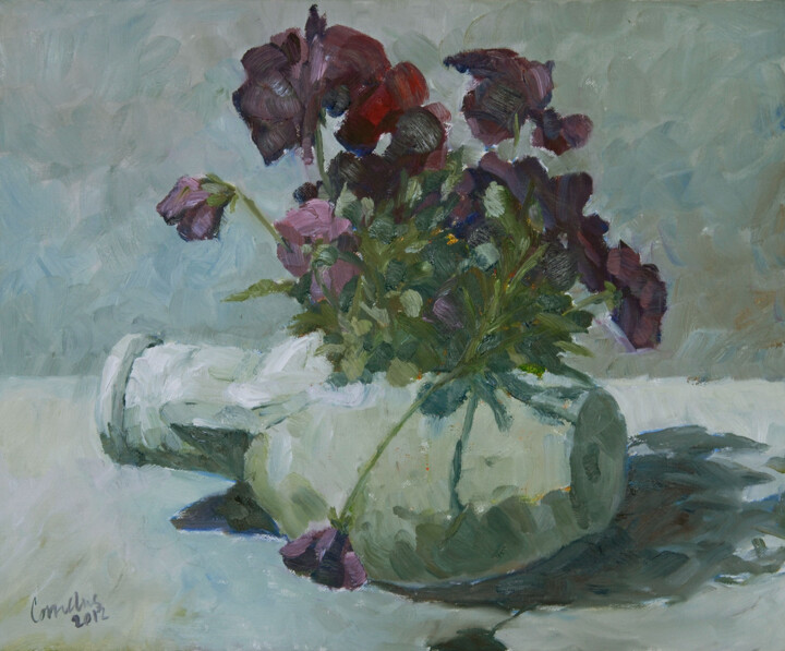 Painting titled "Jar with pansies" by Cornelis Heilig (Cornelus), Original Artwork, Oil