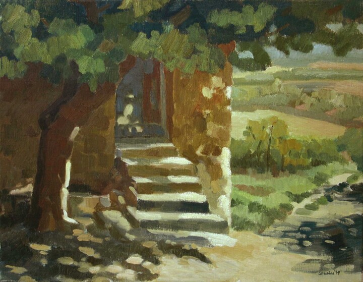 Painting titled "L'escalier" by Cornelis Heilig (Cornelus), Original Artwork, Oil Mounted on Wood Stretcher frame