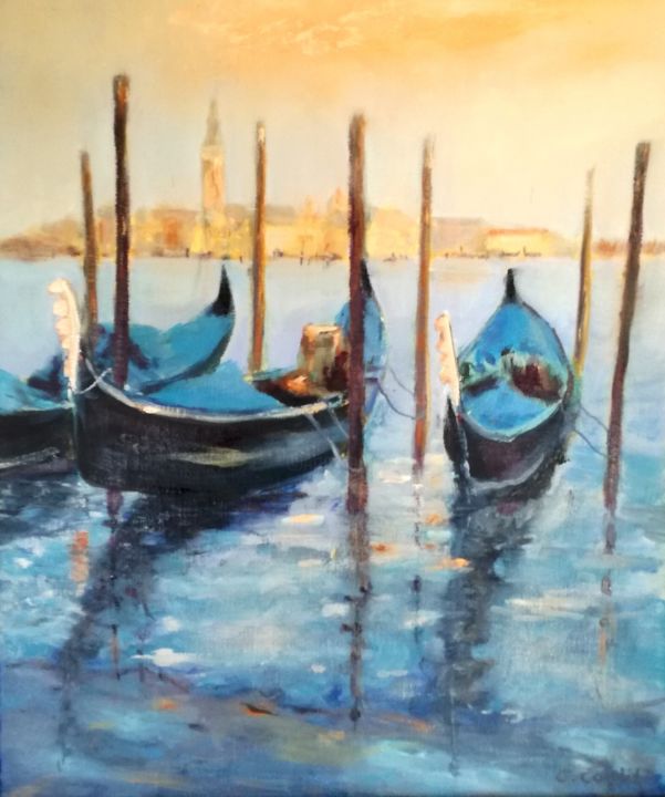 Painting titled "Venise à gondole..." by Charles Cornil, Original Artwork, Oil