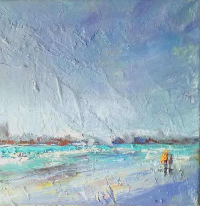 Pintura intitulada "Balade à la plage..." por Charles Cornil, Obras de arte originais, Óleo
