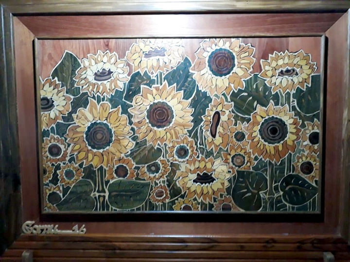 Painting titled "GIRASOLES FELICES" by Cornu Pienaar, Original Artwork