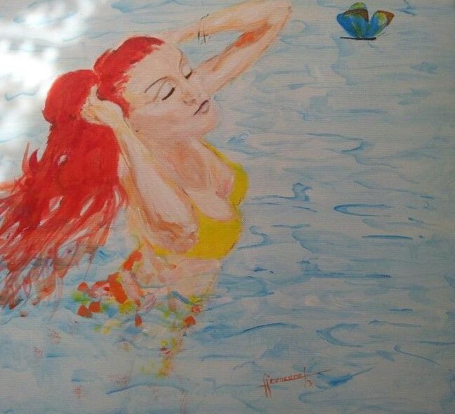 Painting titled "NU ♥ La piscine ♥ 1…" by Françoise Lanfroy-Rancurel, Original Artwork, Acrylic