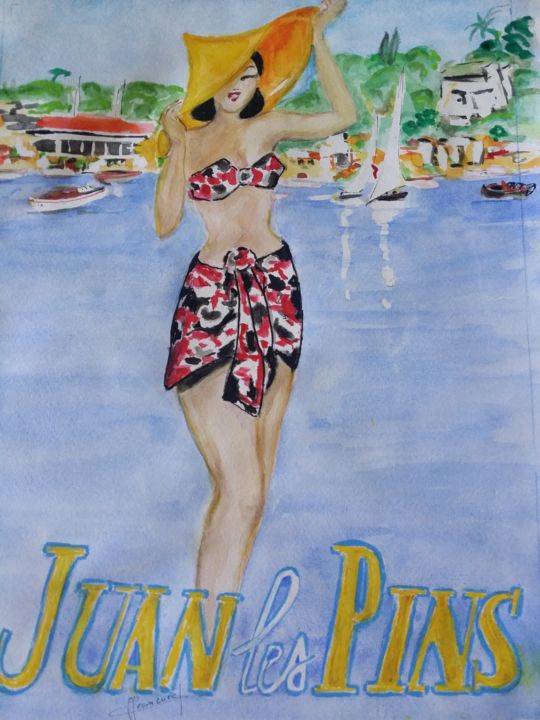 Painting titled "♥ JUAN LES PINS ♥ N…" by Françoise Lanfroy-Rancurel, Original Artwork, Watercolor
