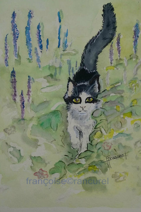 Painting titled "♥ Petit chat extrao…" by Françoise Lanfroy-Rancurel, Original Artwork, Watercolor