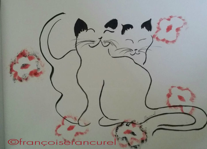 「♥ Chats en Amour ♥1…」というタイトルの描画 Françoise Lanfroy-Rancurelによって, オリジナルのアートワーク, インク