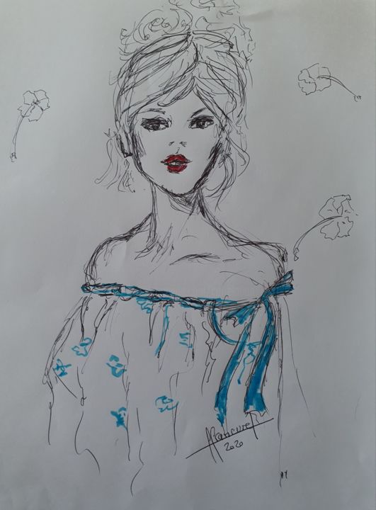 Рисунок под названием "Sonia N°3" - Françoise Lanfroy-Rancurel, Подлинное произведение искусства, Шариковая ручка