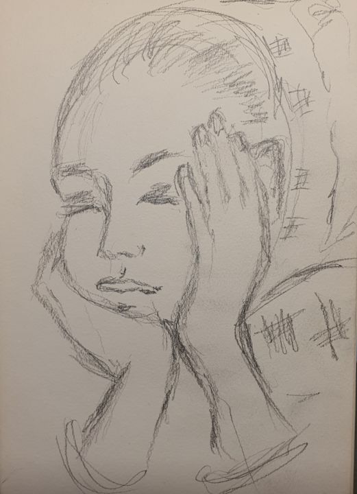 Tekening getiteld "Pensive N°7" door Françoise Lanfroy-Rancurel, Origineel Kunstwerk, Houtskool Gemonteerd op Karton