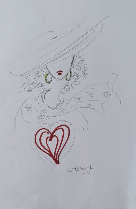 Dessin intitulée "Provençale N°8" par Françoise Rancurel, Œuvre d'art originale, Stylo à bille Monté sur Carton