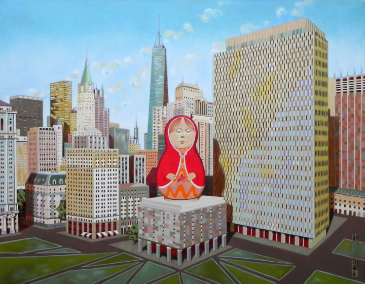 「Matriosca in New Yo…」というタイトルの絵画 Federico Corteseによって, オリジナルのアートワーク, オイル ウッドストレッチャーフレームにマウント