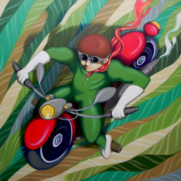 Painting titled "Motorcycle" by Federico Cortese, Original Artwork, Oil Mounted on Wood Stretcher frame