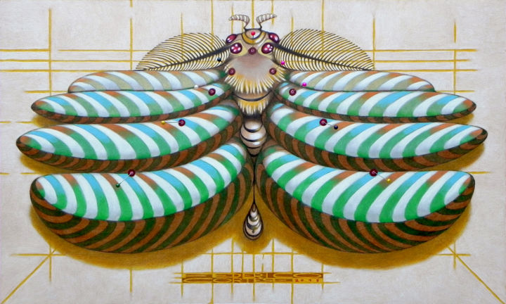 Painting titled "Fibonacci moth" by Federico Cortese, Original Artwork, Oil Mounted on Wood Panel