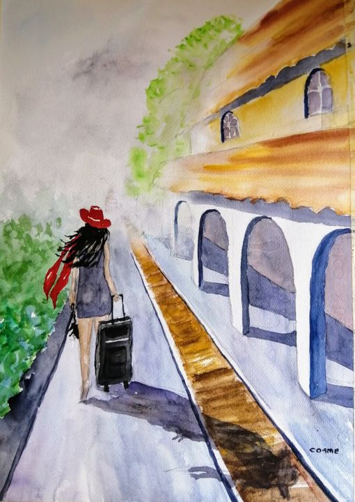 Pintura intitulada "La estación de S Bl…" por Cosme Almada, Obras de arte originais, Aquarela