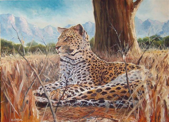 Картина под названием "Leopard under tree" - Mcbride Robin, Подлинное произведение искусства