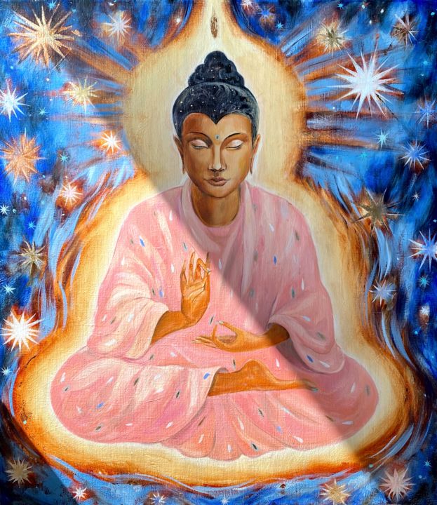 Painting titled "THE SHINING BUDDHA" by Irina Markevich, Original Artwork, Oil Mounted on Wood Stretcher frame