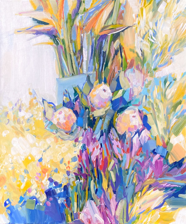 Painting titled "Exotic flowers from…" by Irina Markevich, Original Artwork, Oil Mounted on Wood Stretcher frame