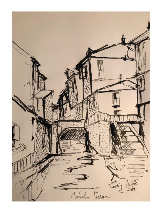 Drawing titled "old town in winter" by Andrei Covrig Covrig, Original Artwork, Ink