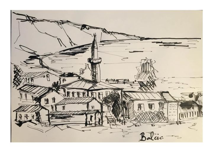 Drawing titled "Balcic golf in 1910" by Andrei Covrig Covrig, Original Artwork, Ink
