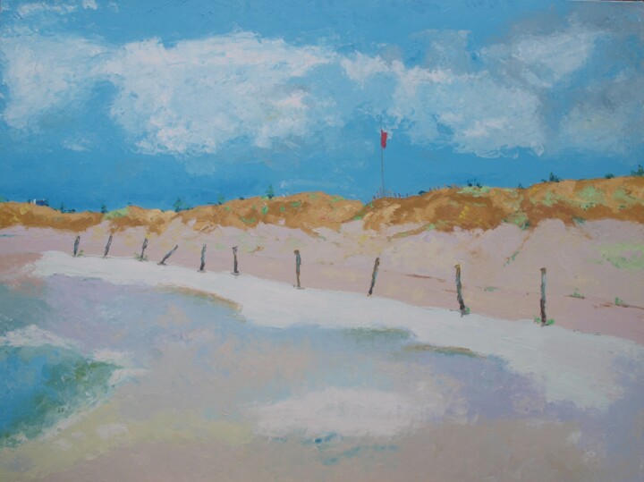 Painting titled "Plage avec le drape…" by Pierre-Marie Coiteux, Original Artwork, Oil Mounted on Wood Stretcher frame