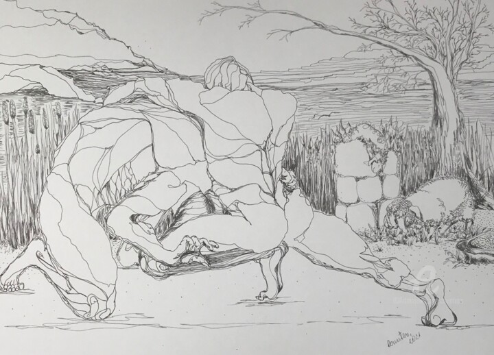 Zeichnungen mit dem Titel "Abel and Cain" von Countess, Original-Kunstwerk, Tinte