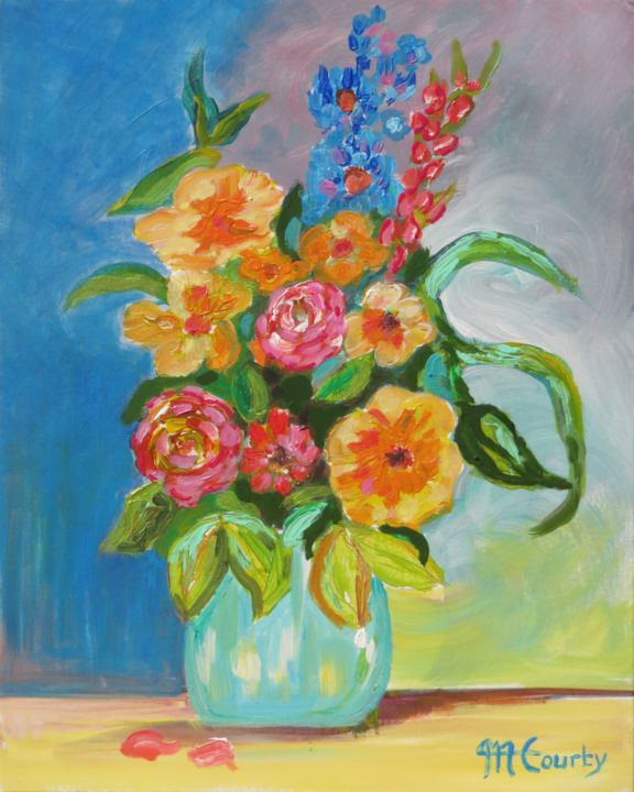 Painting titled "Vase de fleurs anci…" by Myriam Courty, Original Artwork, Acrylic Mounted on Cardboard