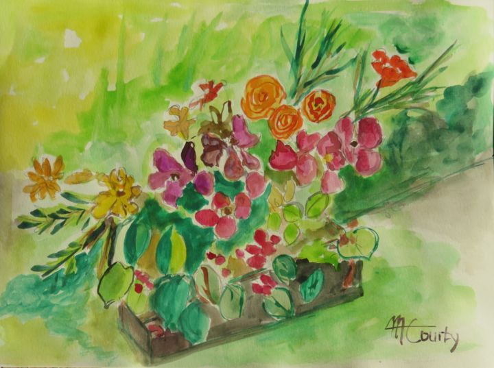 Peinture intitulée "Jardiniere de fleurs" par Myriam Courty, Œuvre d'art originale, Aquarelle