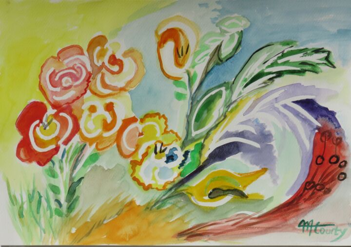 Malerei mit dem Titel "fleurs et feuillage…" von Myriam Courty, Original-Kunstwerk, Aquarell