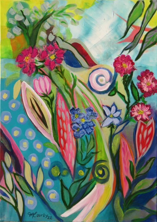 Pintura titulada "Jardin extraordinai…" por Myriam Courty, Obra de arte original, Acrílico Montado en Bastidor de camilla de…
